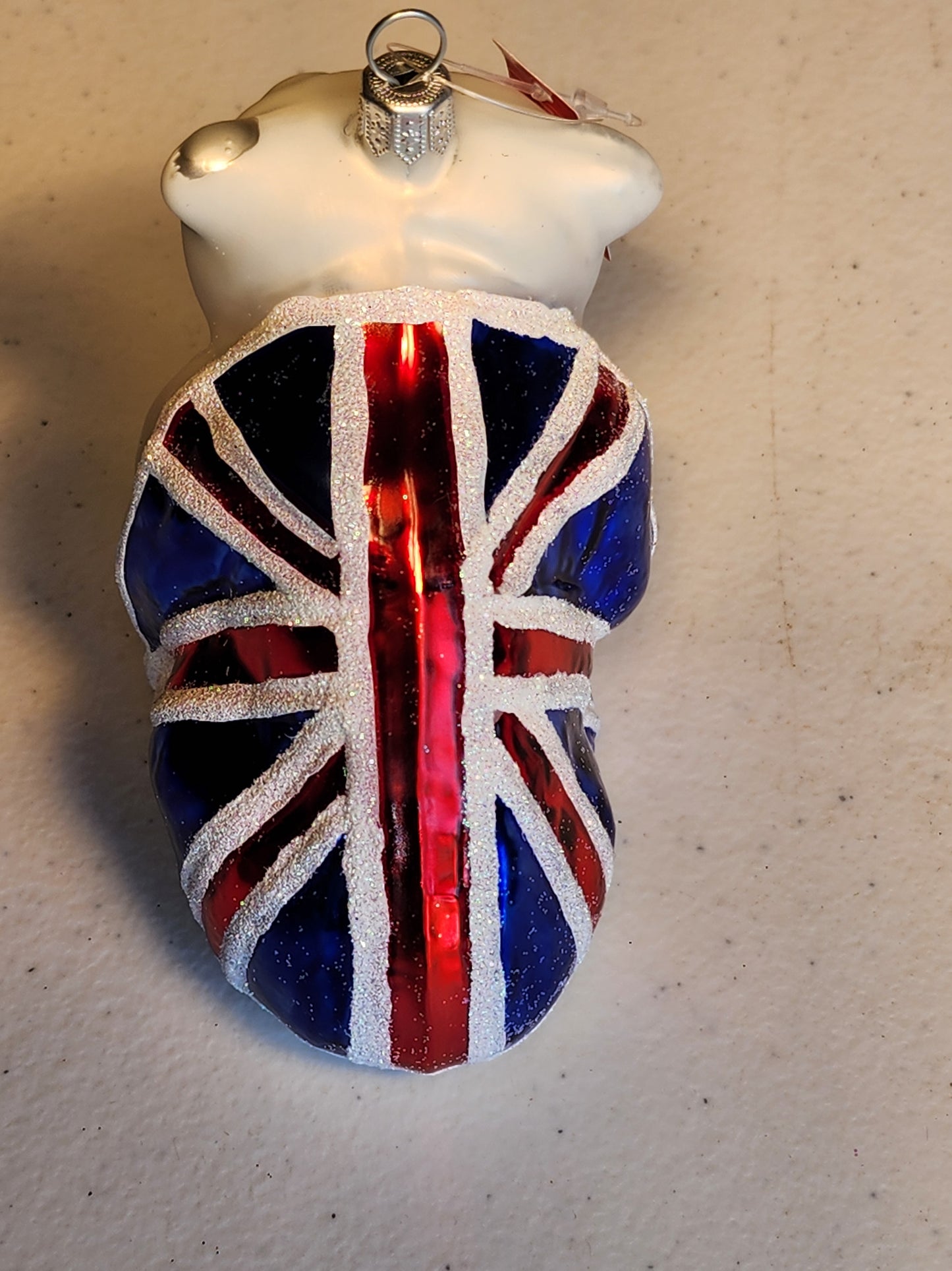 European Glass Christmas ornament of a Dog British Bulldog with British Flag (V)