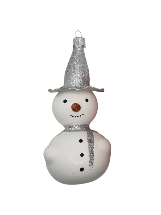 European Glass Christmas ornament of a Snowman with Pointy Carrot Nose & Top Hat (J)