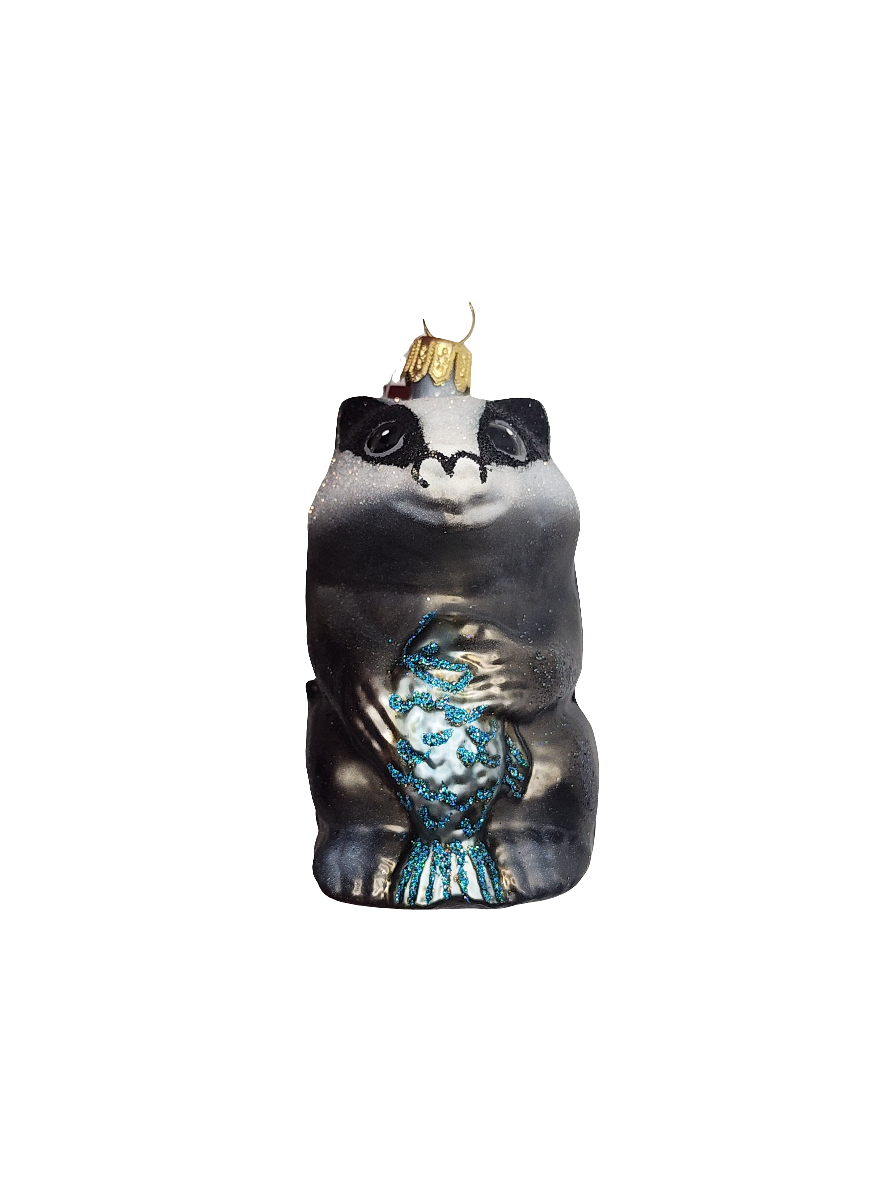 European Glass Christmas ornament of a Badger with Fish (S)