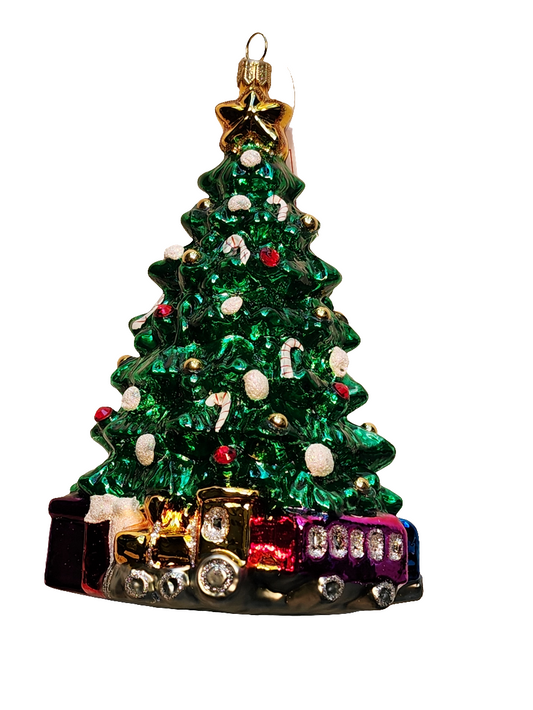 European Glass Christmas ornament of a Christmas Tree with Trains (Z)