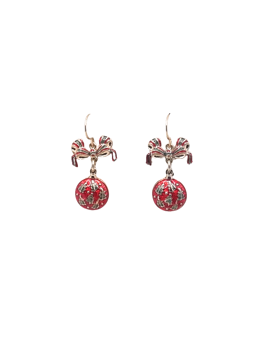 European Glass Christmas ornament of a Dangle Red Ball Green Tree | Earrings