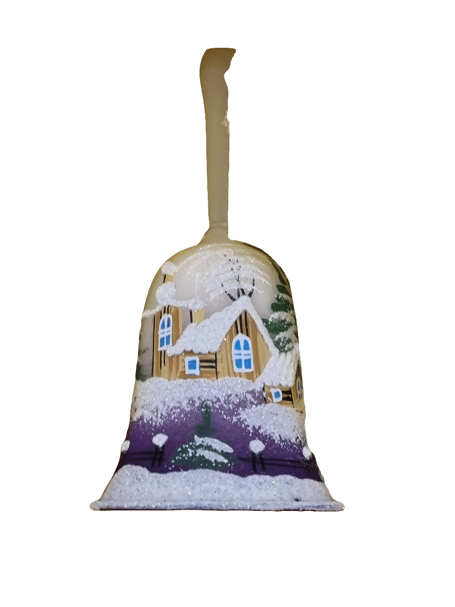 European Glass homewares - a Glass Bell with a snowy winter village scene with with houses and fir trees in a purple theme