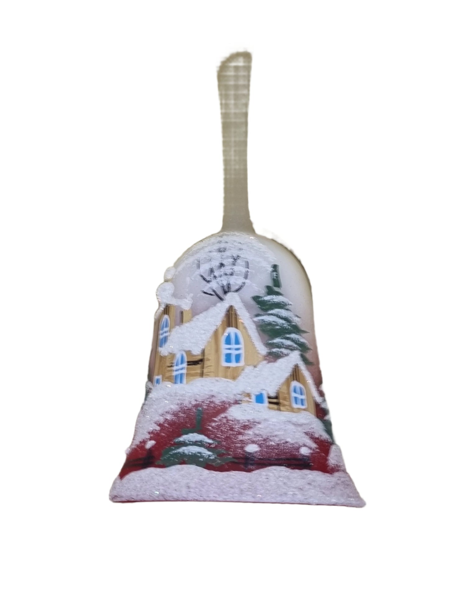 European Glass homewares - a Glass Bell with a snowy winter village scene with with houses and fir trees in a red theme