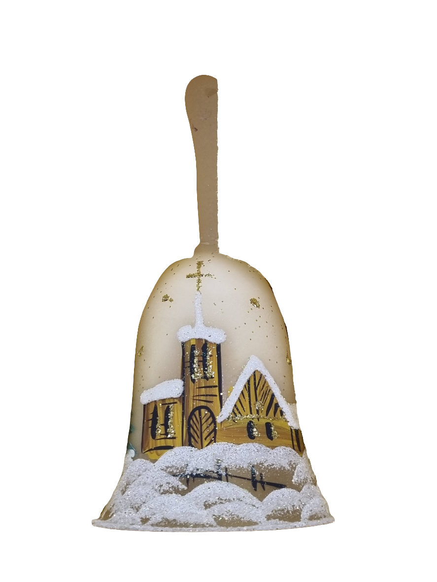 European Glass homewares - a Glass Bell with a snowy winter village scene with with houses and fir trees in a yellow theme