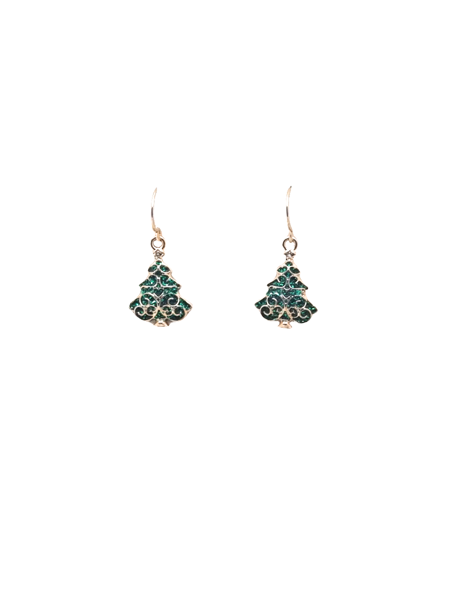 European Glass Christmas ornament of a Green Trees with Golden Pattern | Earrings