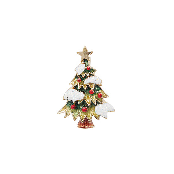 European Glass Christmas ornament of a Snowy Christmas Tree with Red Baubles | Brooch IV