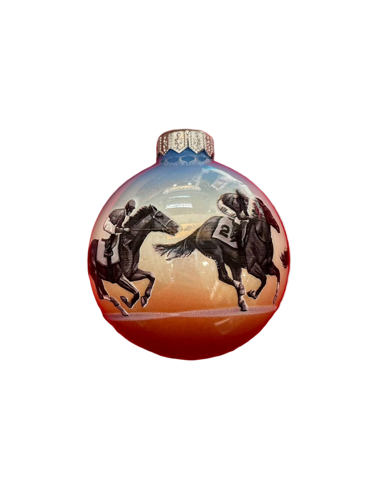 Decorative Christmas ornament with horse and jockey design on a white background
