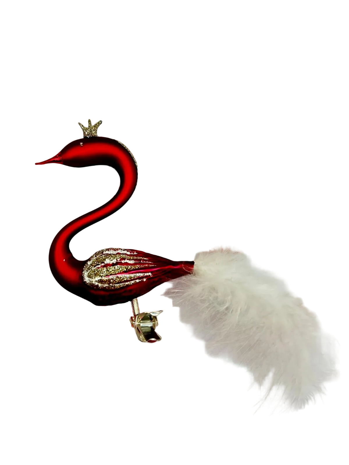 Red and white decorative item resembling a swan