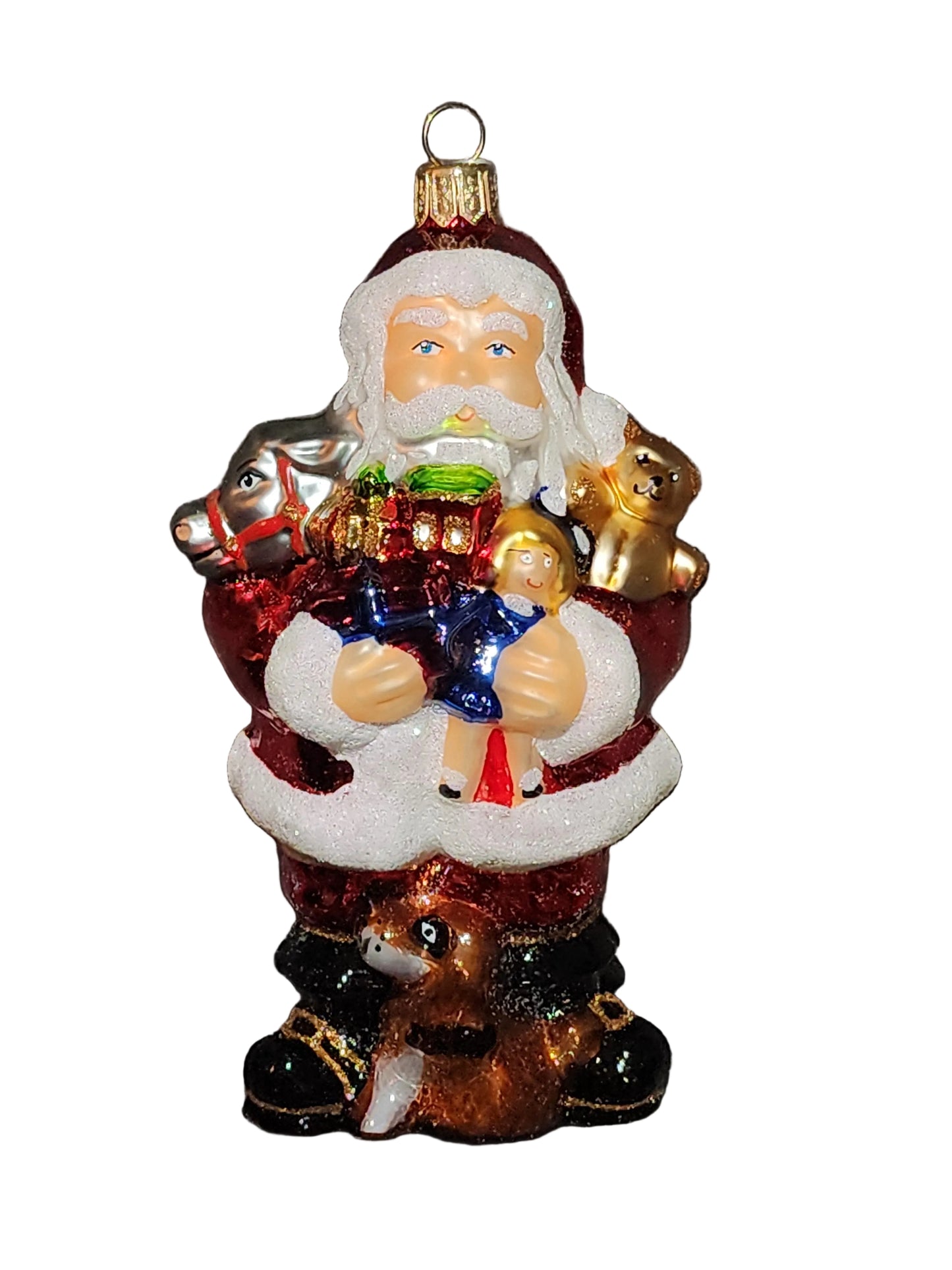 Decorative European handmade glass Christmas ornament of a Santa Claus figure with presents
