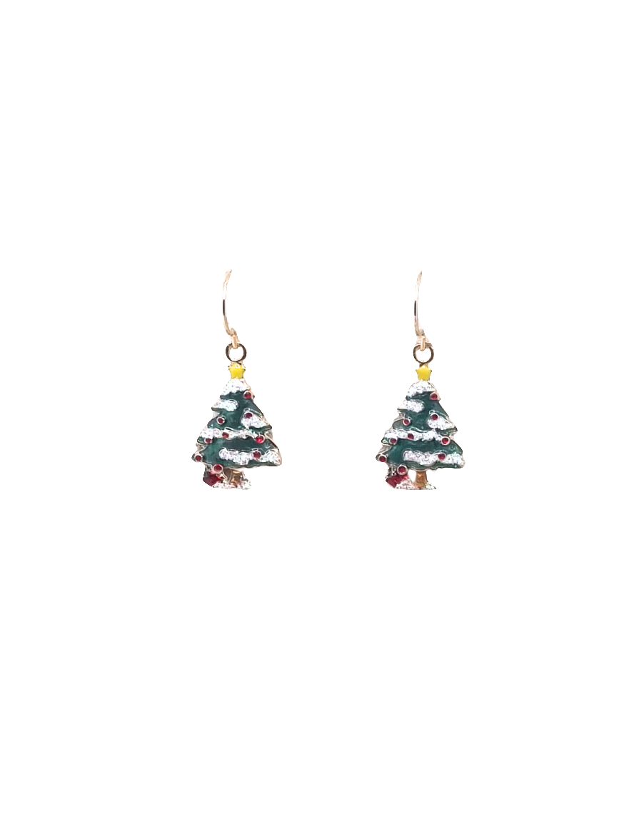 European Glass Christmas ornament of a Snowy Tree Gold Star | Earrings