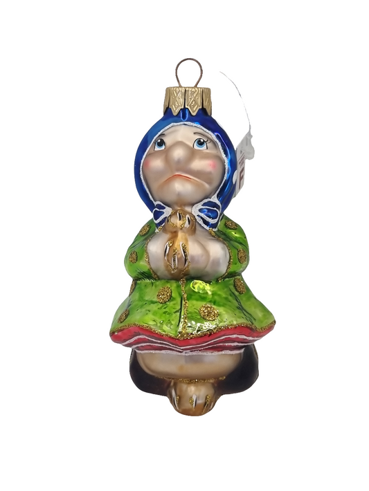 European Glass Christmas ornament of a Baba Yaga Folk Tale Character | Begging Lady with Shawl (F)
