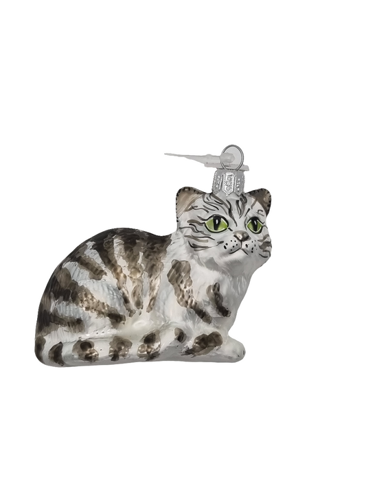 European Glass Christmas ornament of a Cat | White & Grey Striped Tabby with Green Eyes (S)