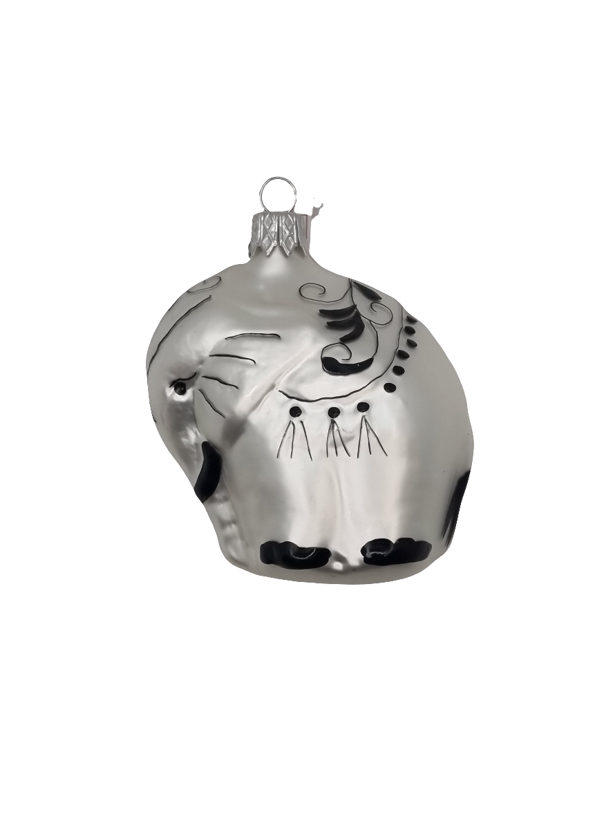 European Glass Christmas ornament of a Elephant decorated black white (F)