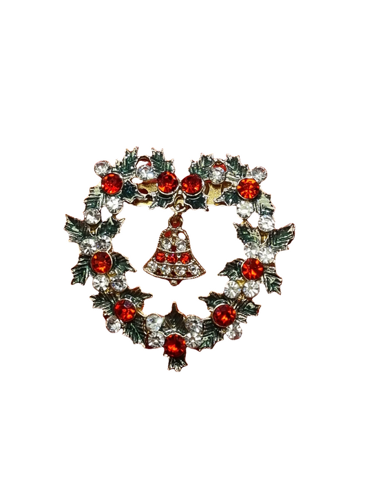 European Glass Christmas ornament of a Crystal Heart Wreath with Bell | Brooch V