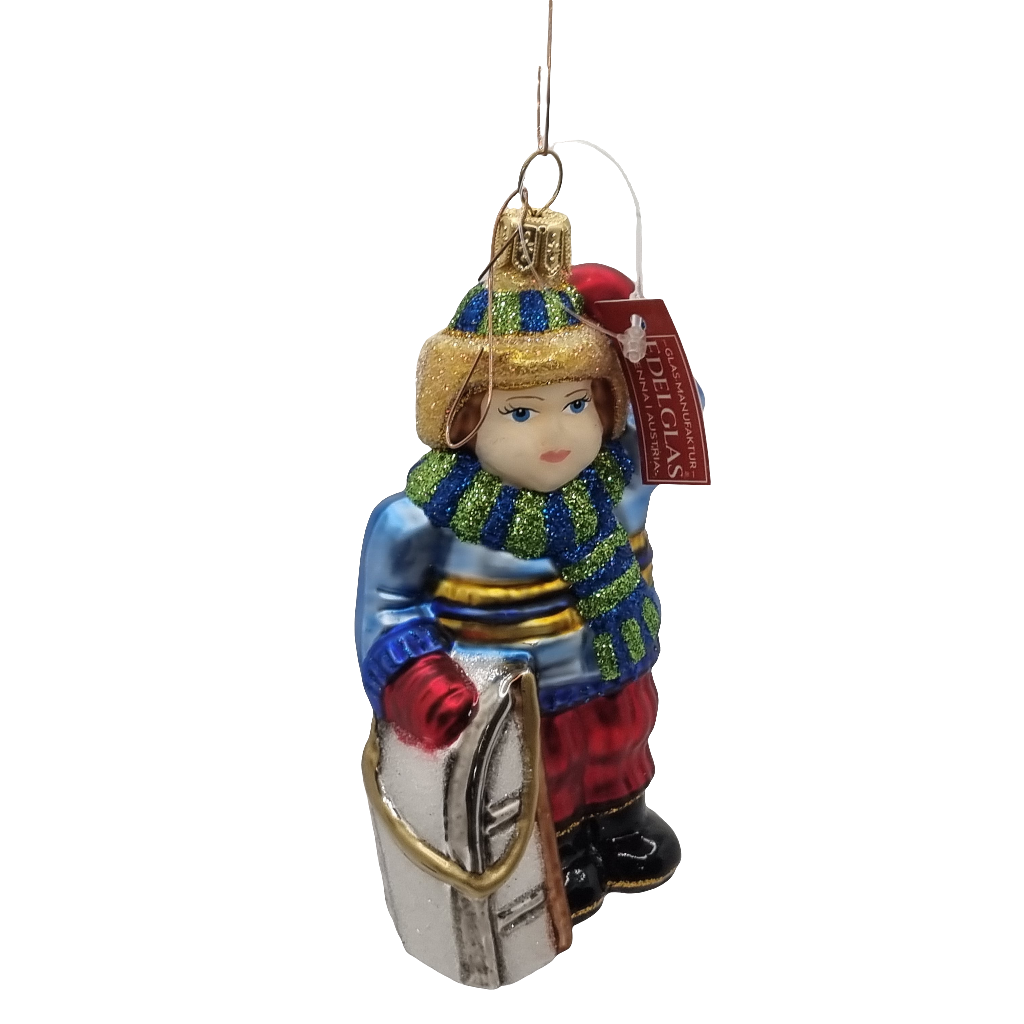European Glass Christmas ornament of a Girl with Sled (U)