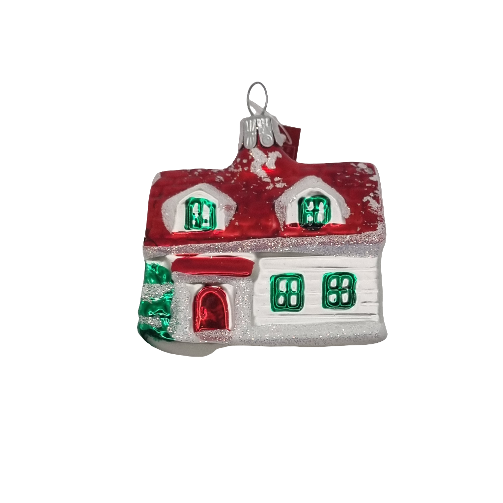 European Glass Christmas ornament of a House Red Roof Christmas Tree Red Door (D)
