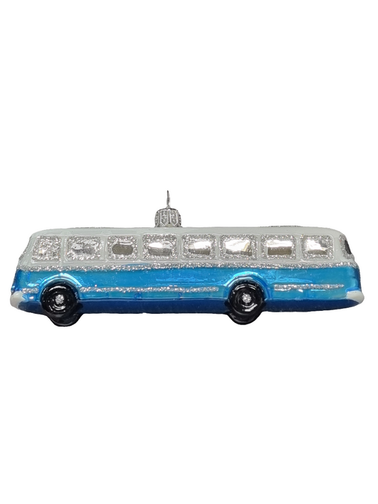 European Glass Christmas ornament of a Bus Long Blue (U)