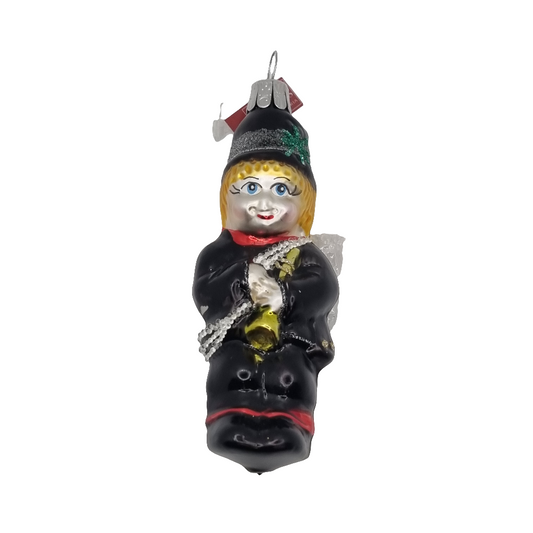 European Glass Christmas ornament of a Band Man with Gold Instrument Silver Sash Black Hat (F)