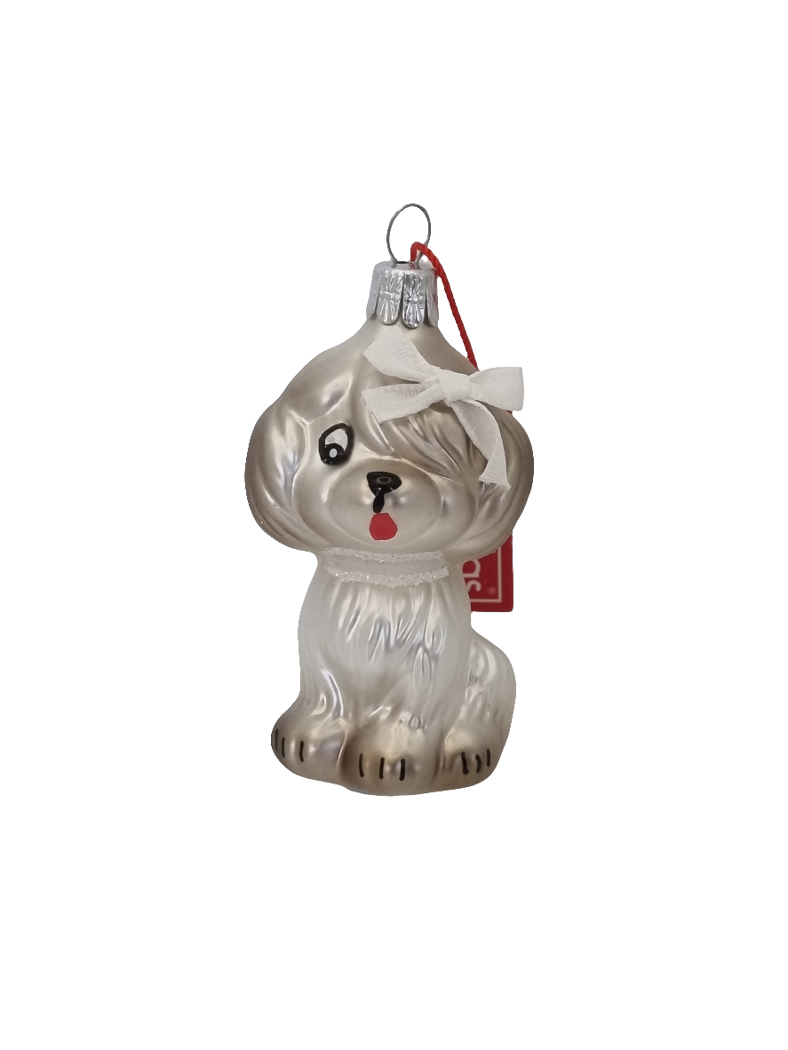 European Glass Christmas ornament of a Dog cute bow tie fringe (K)