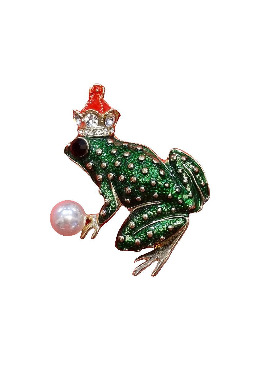 European Glass Christmas ornament of a Frog King with Pearl | Brooch V