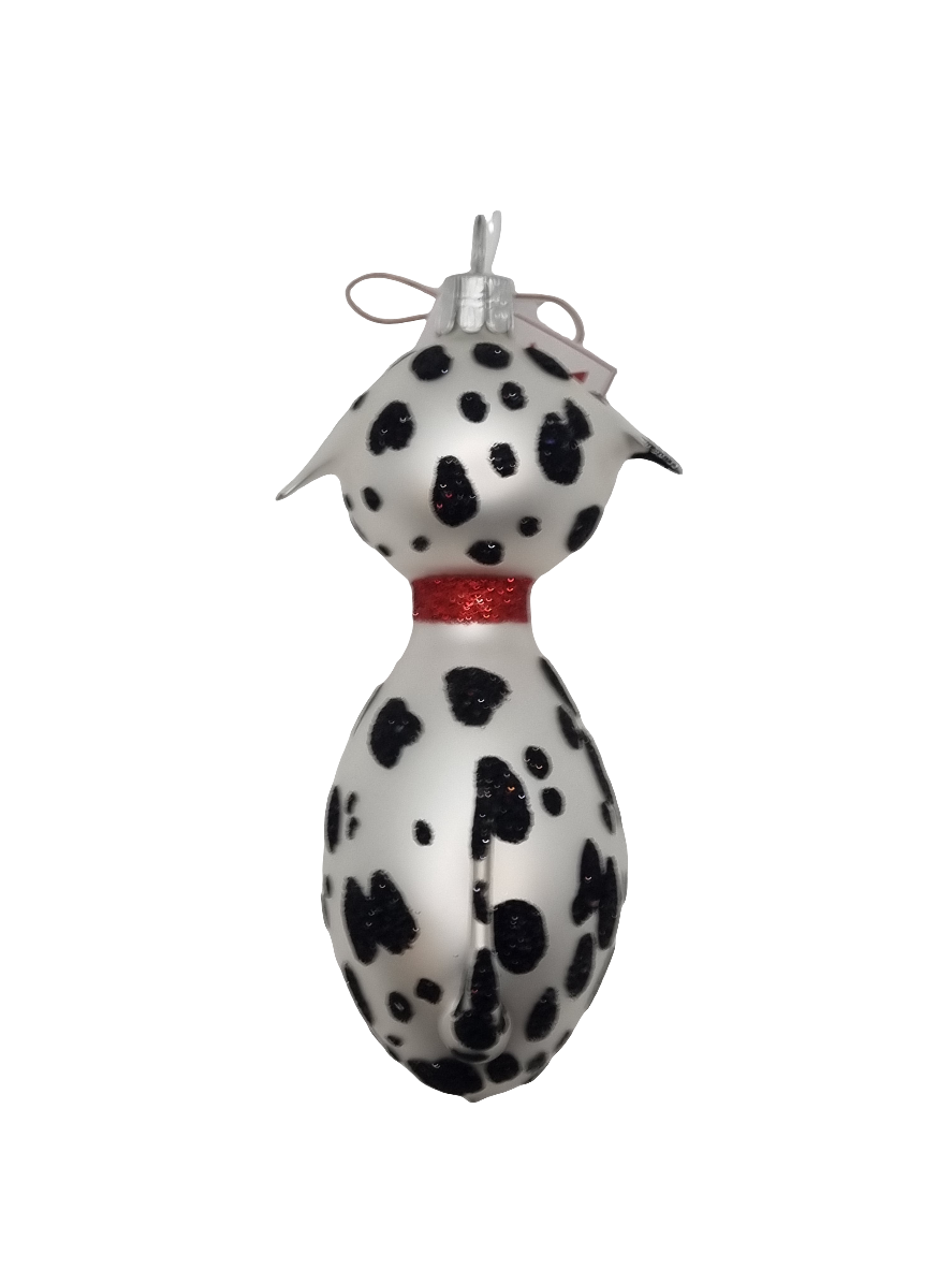 European Glass Christmas ornament of a Cat round bottom black spots red collar (K)