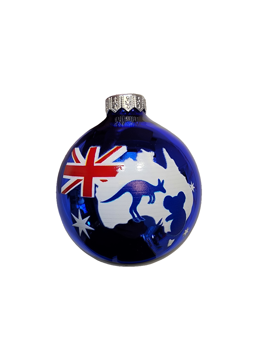 European Glass Christmas ornament of a Bauble | Australia Flag with Kangaroo & Koala (F)