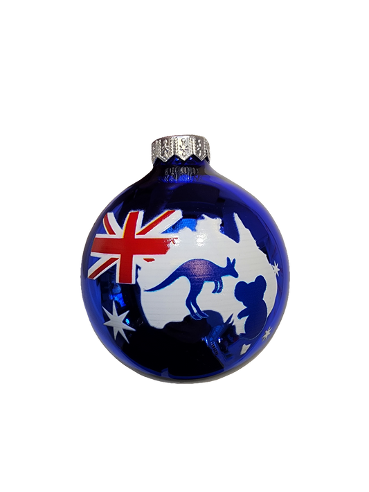 European Glass Christmas ornament of a Bauble | Australia Flag with Kangaroo & Koala (F)