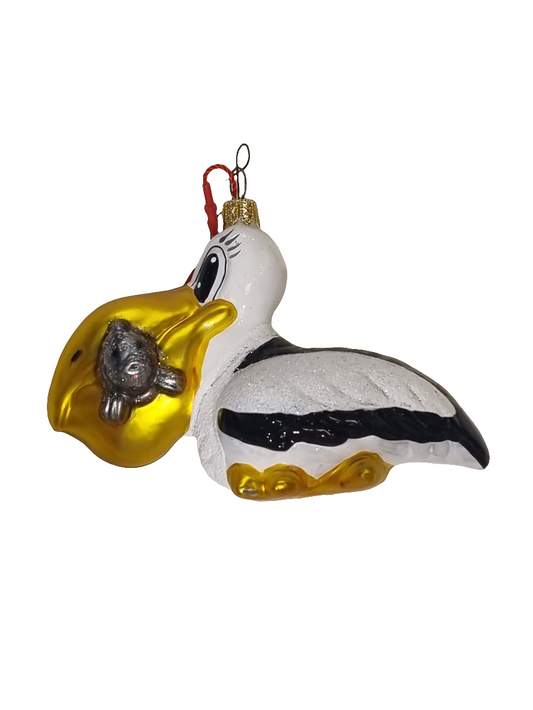 European Glass Christmas ornament of a Bird | Pelican with fish (U)