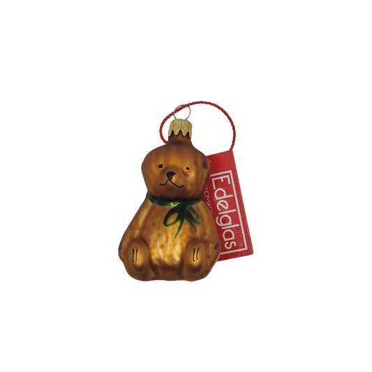 European Glass Christmas ornament of a Bear | Seated Teddy Bear with Ribbon (C)