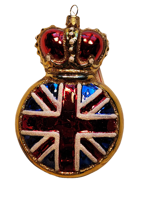 European Glass Christmas ornament of a British UK Flag with Crown (W)