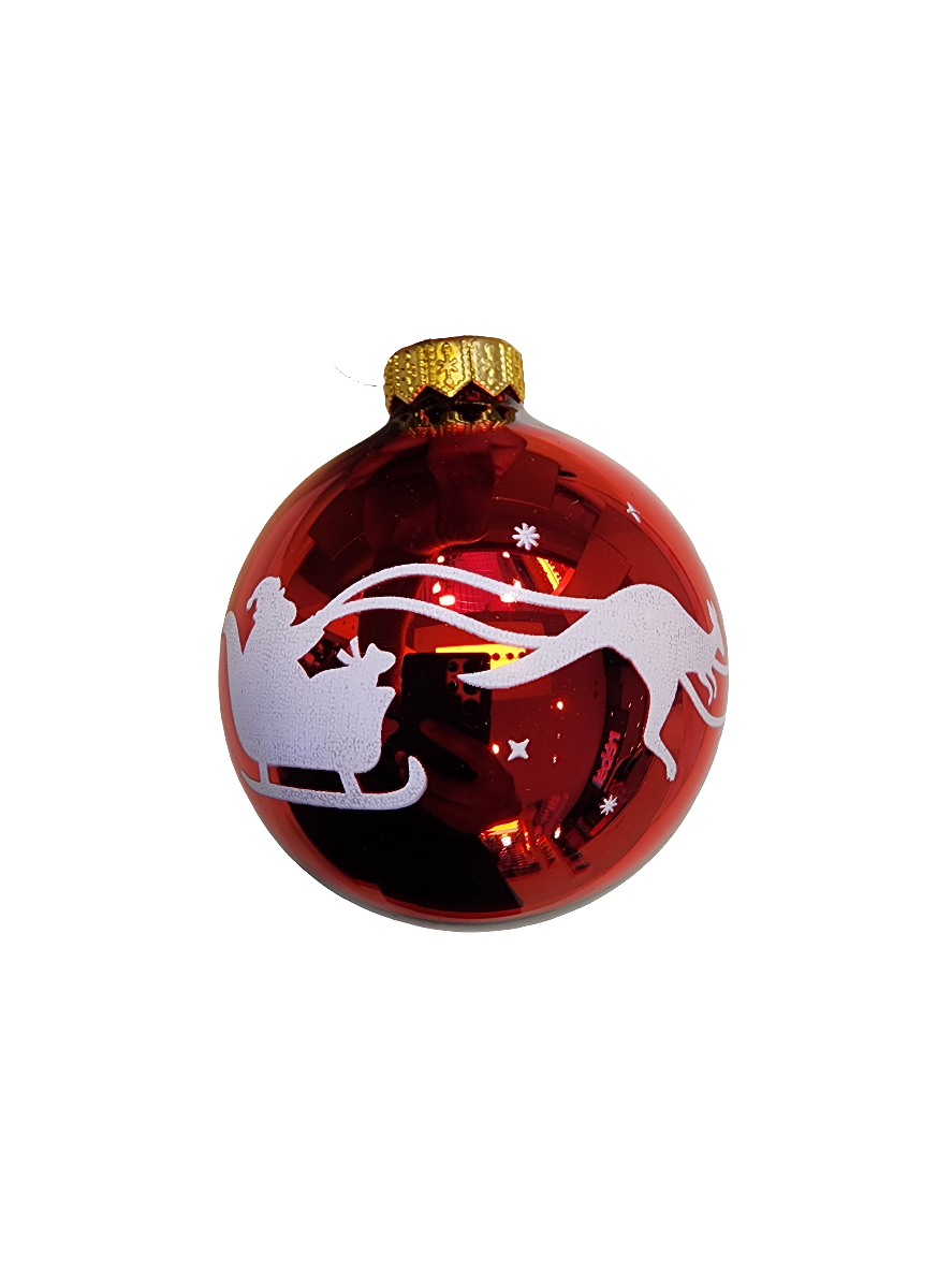 Weihnachtskugel | Rot mit Weihnachtsmannschlitten und Kängurus (I)