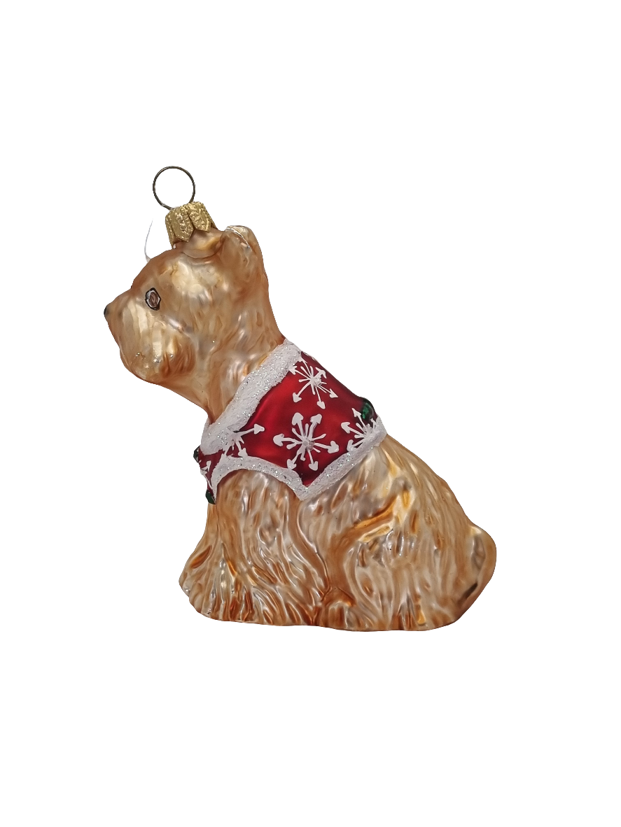 European Glass Christmas ornament of a Dog Terrier in Christmas Jacket (P)