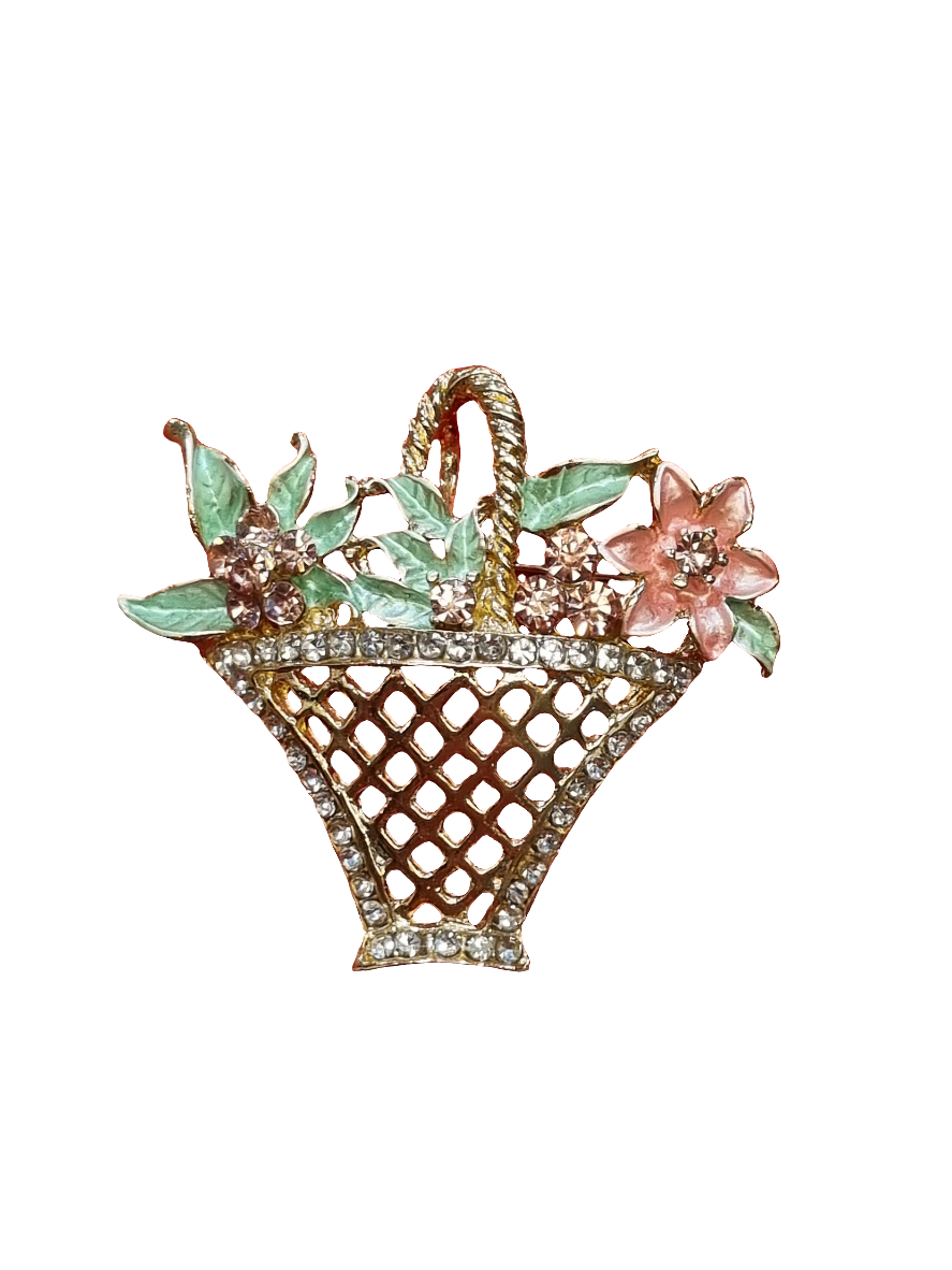 European Glass Christmas ornament of a Gold Flower Basket | Brooch V