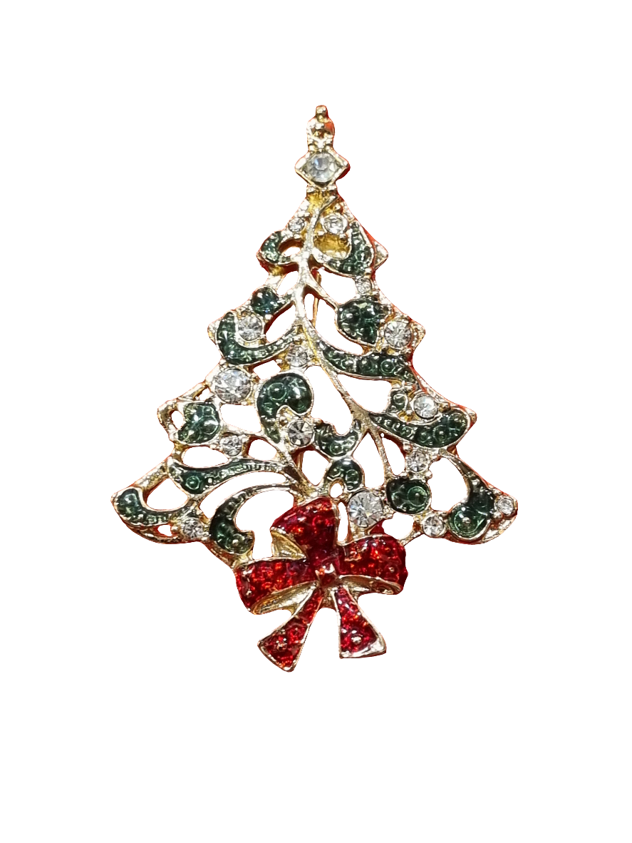 European Glass Christmas ornament of a Large Green & Silver Christmas Tree with Red Bow | Brooch V