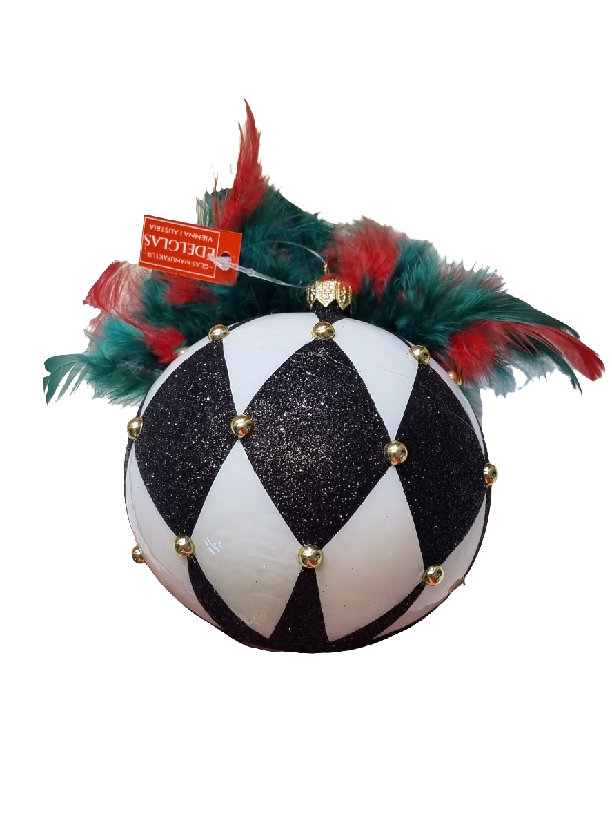 European Glass Christmas ornament of a Venetian Mask Bauble with Feathers (W)