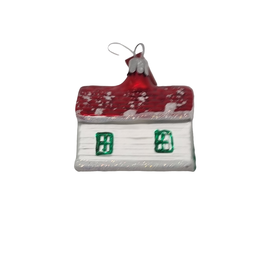 European Glass Christmas ornament of a House Red Roof Christmas Tree Red Door (D)