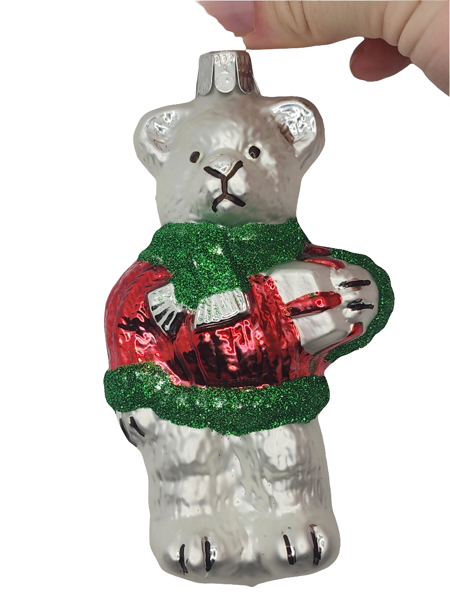 European Glass Christmas ornament of a Bear | Teddy Bear Red Jacket (P)