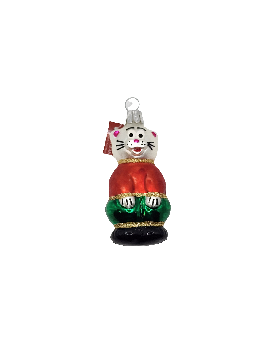 European Glass Christmas ornament of a Cat clothes red green (G)