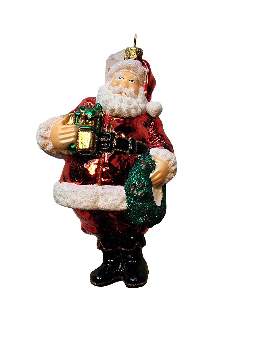 European Glass Christmas ornament of a Santa with Wreath (W)