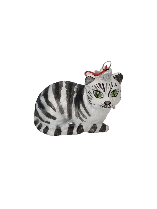 European Glass Christmas ornament of a Cat | White with Black Stripes & Green Eyes (P)