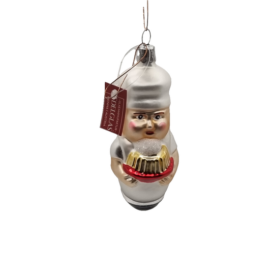 European Glass Christmas ornament of a Cartoon Chef with Cake (M)