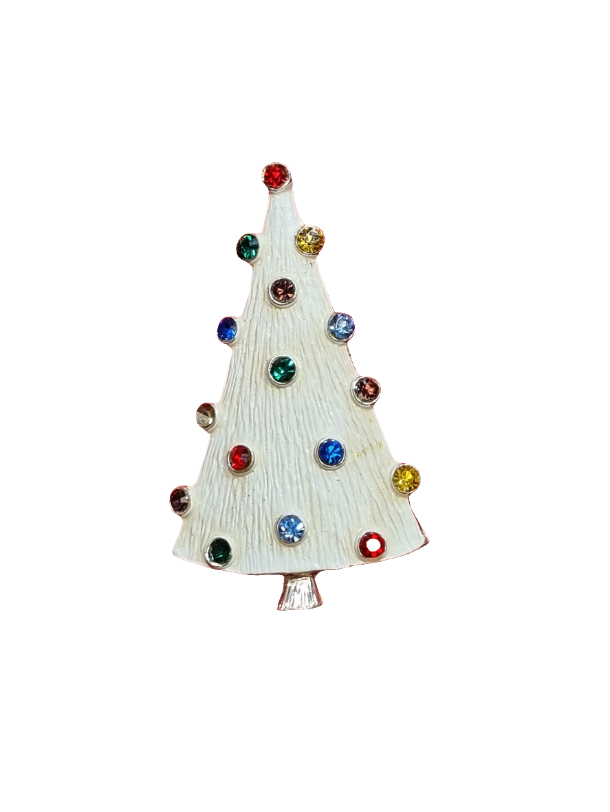 European Glass Christmas ornament of a Solid Narrow Christmas Tree with Colourful Crystal Baubles 5cm | Brooch V