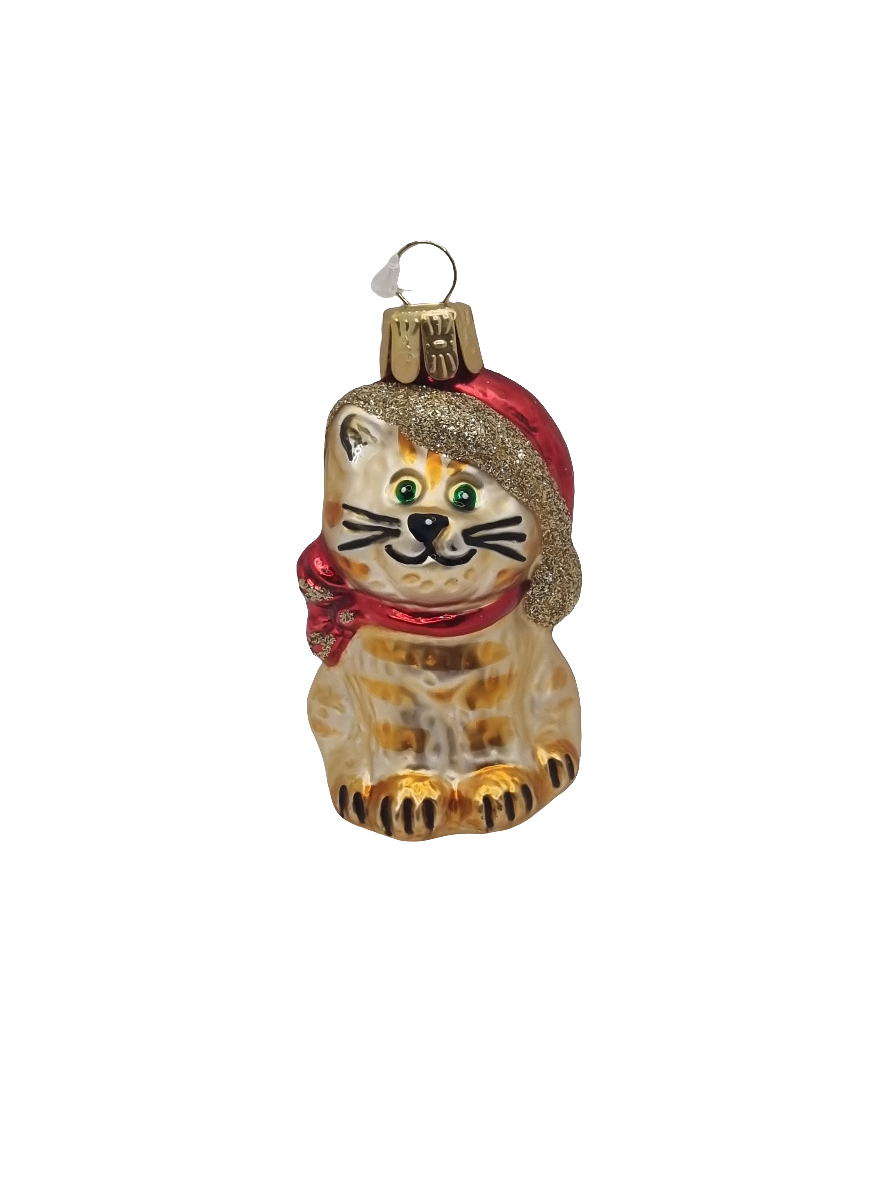European Glass Christmas ornament of a Cat santa hat sparkly (K)
