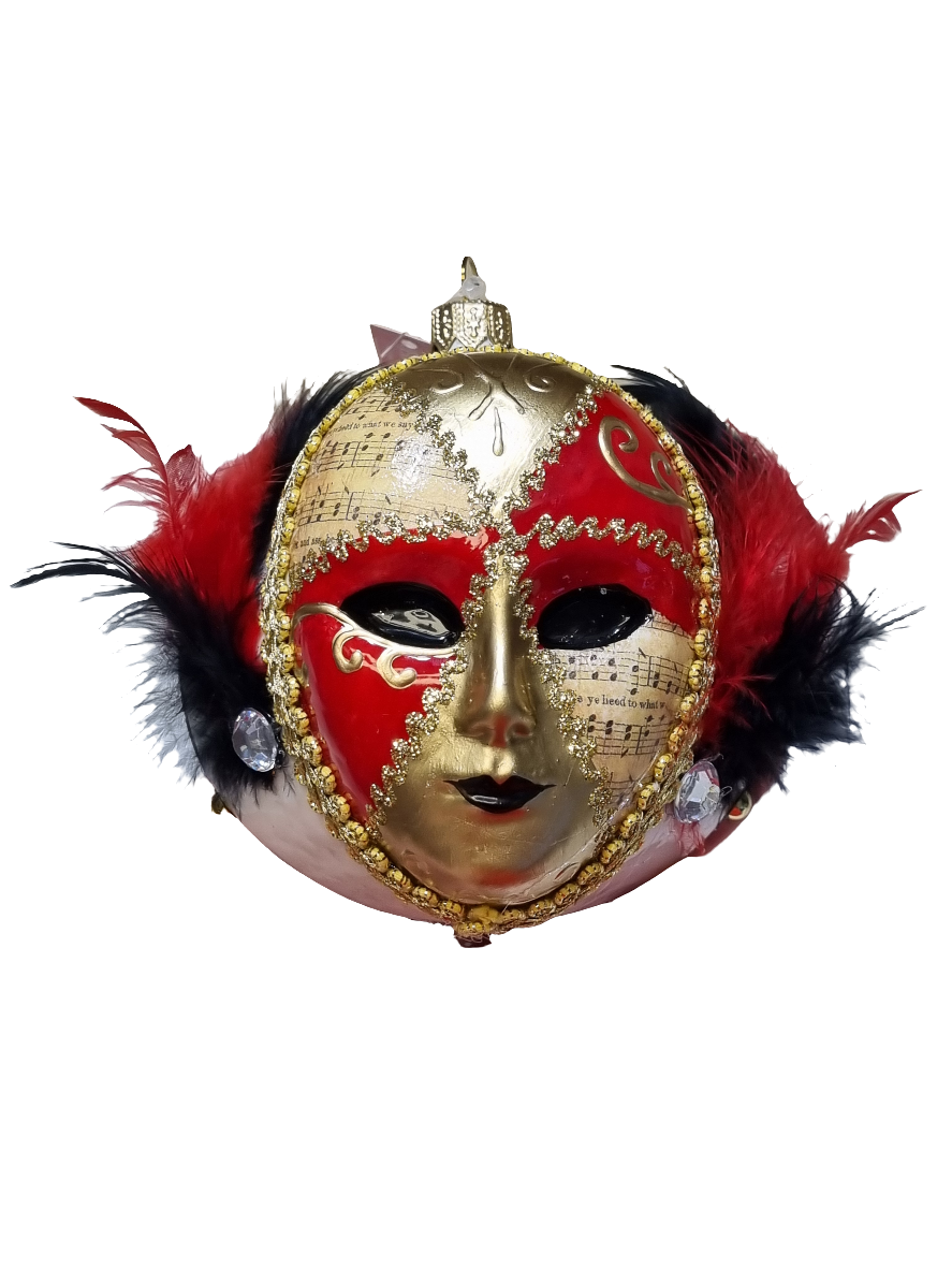 European Glass Christmas ornament of a Venetian Mask Bauble with Feathers (W)