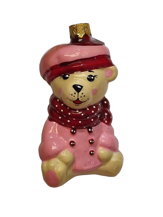 European Glass Christmas ornament of a Bear | Bear with Jacket, Scarf & Beret (J)