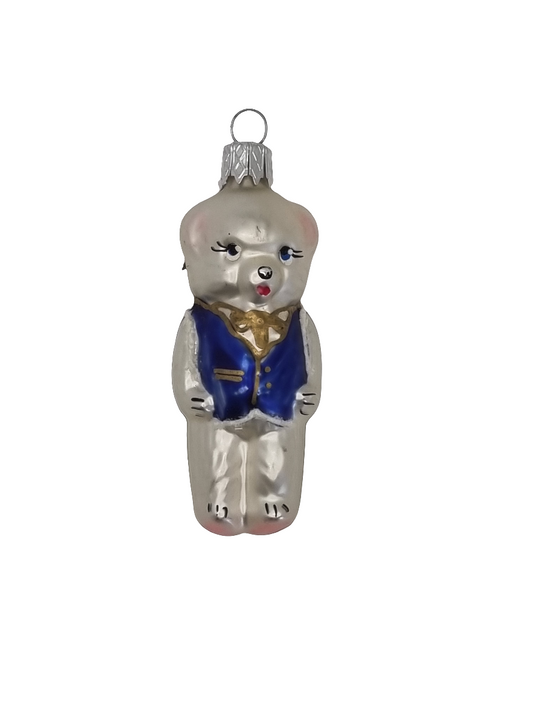 European Glass Christmas ornament of a Bear | Small Teddy Bear in Vest (B)