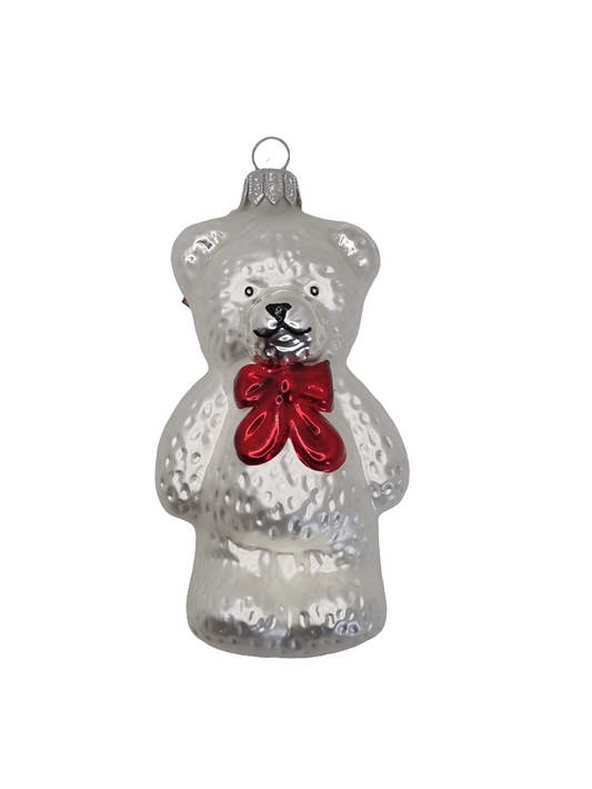 European Glass Christmas ornament of a Bear | Large Teddy Bear with Red Bow (I)