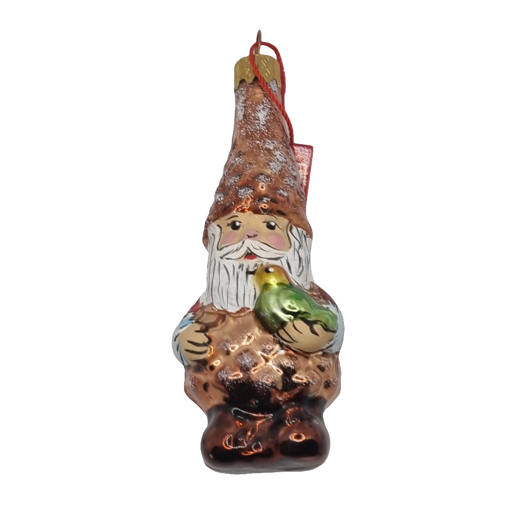 European Glass Christmas ornament of a Gnome Pinecone Bird (I)