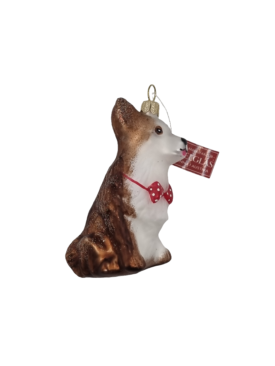 European Glass Christmas ornament of a Dog Corgie with Bow Tie (S)