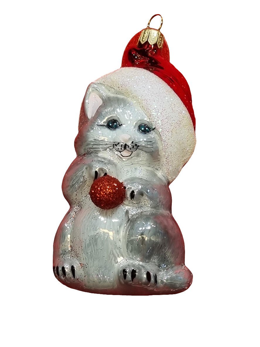 European Glass Christmas ornament of a Cat | Kitten with Santa Hat & Ball (S)